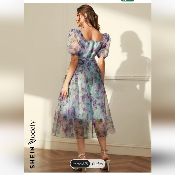 Shein Floral Print Puffed Sleeve Dress - Picture 2 of 8